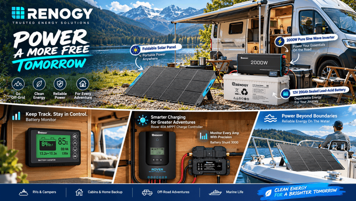 Renogy off-grid solar power solutions showcased in a scenic RV camping setting, featuring a foldable solar panel, 2000W inverter, deep-cycle battery, battery monitor, Rover charge controller, and Battery Shunt 3000 for outdoor adventures and energy independence.
