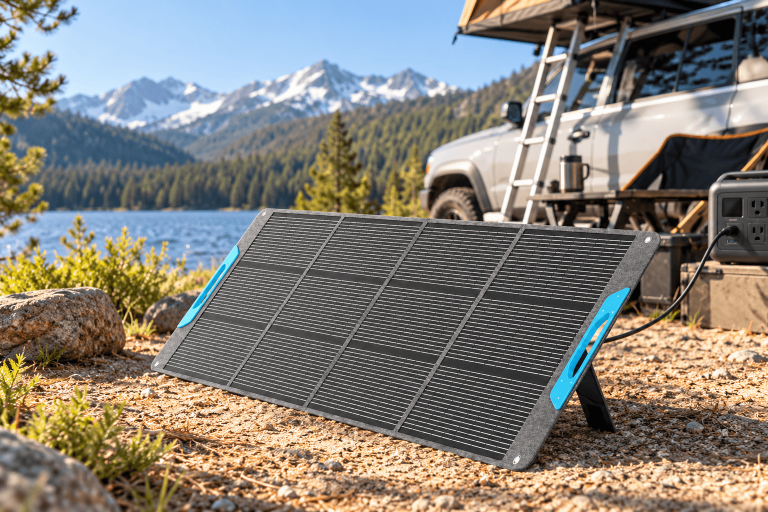 Renogy foldable solar panel with a dark solar-cell surface, gray frame, and blue accents, positioned on its kickstand beside an off-road camping vehicle. A scenic mountain lake and forest create a realistic outdoor solar charging setup for off-grid adventures.
