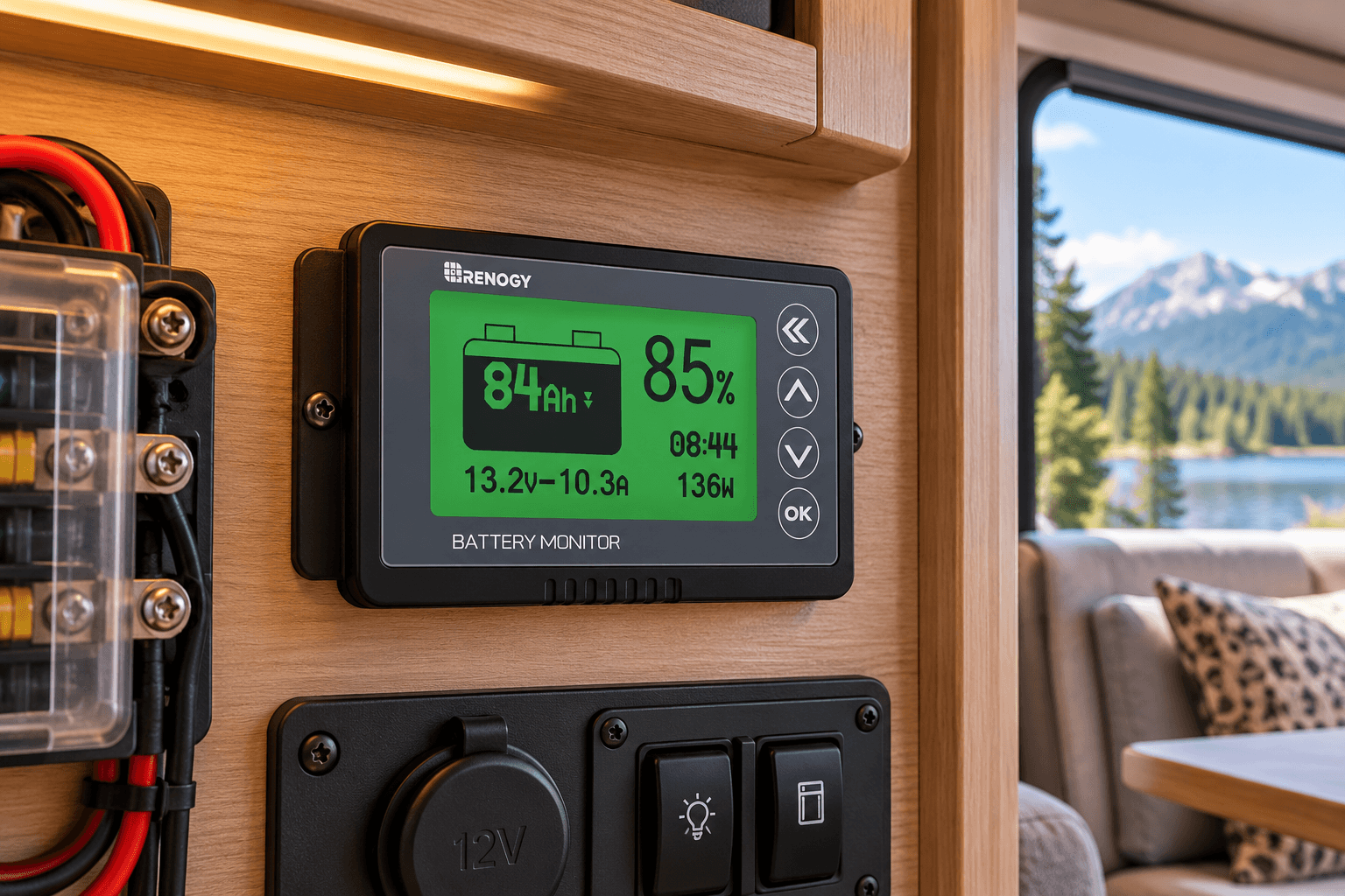 Renogy battery monitor mounted on a wooden RV interior wall, featuring a green LCD screen displaying 85% battery capacity, 84Ah, voltage, and power readings. The organized electrical control area overlooks a peaceful mountain lake through the camper window.