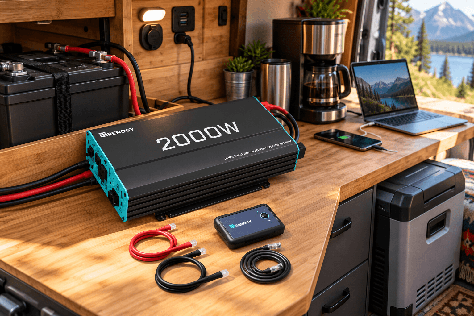 Renogy 2000W pure sine wave inverter with a black housing and turquoise accents, displayed on a wooden camper van countertop alongside its remote controller and cables. A laptop, coffee maker, and battery setup illustrate practical off-grid RV power applications.