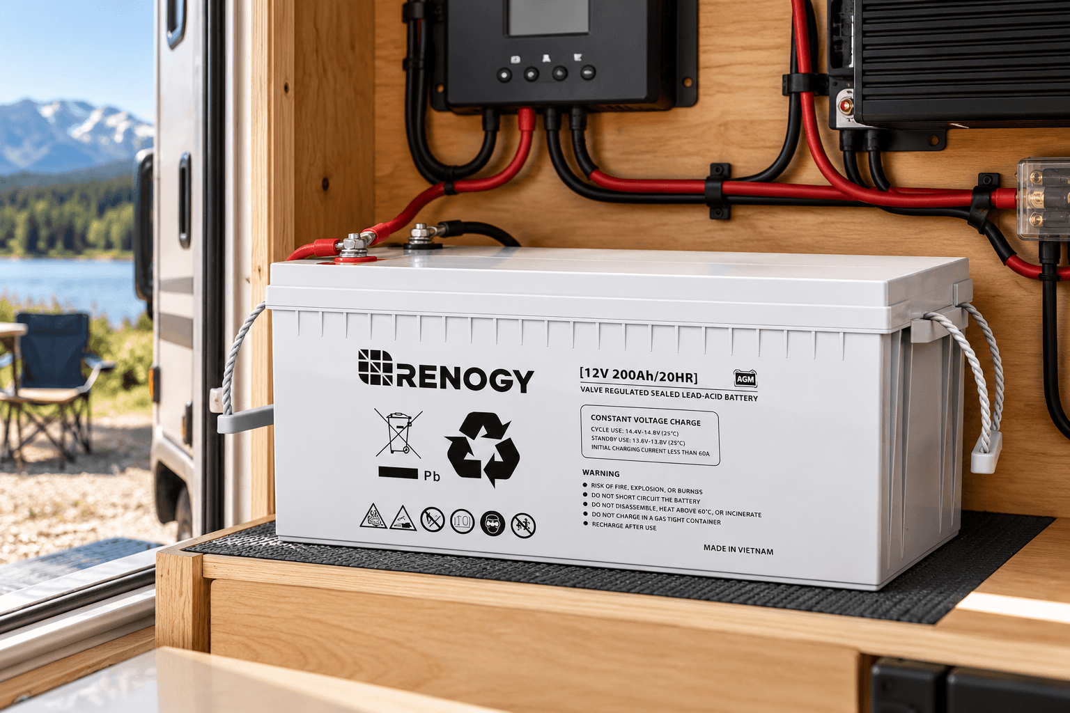 Renogy 12V 200Ah AGM sealed lead-acid battery installed on a wooden shelf inside a camper van electrical compartment. The white battery features Renogy branding, safety labels, carrying handles, and connected power cables for an off-grid energy storage system.