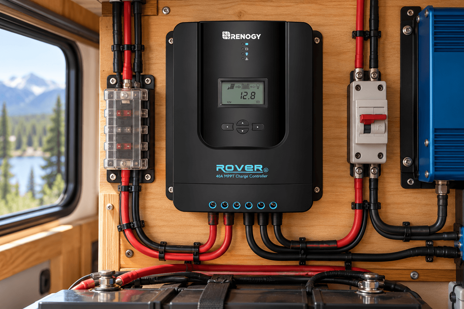 Renogy Rover 40A MPPT solar charge controller mounted on a wooden electrical panel inside an RV. The black controller features an LCD display, blue Rover branding, and organized red and black wiring, illustrating a practical off-grid solar charging system.