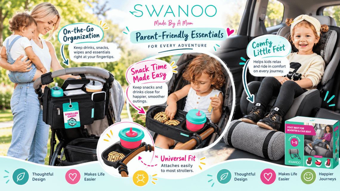 SWANOO baby travel essentials featuring a stroller organizer, universal snack tray with cup holder, and cushioned car seat footrest. Real-life family outings highlight convenient storage, easy snack access, and comfortable travel for toddlers.