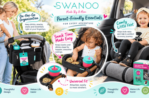 SWANOO baby travel essentials featuring a stroller organizer, universal snack tray with cup holder, and cushioned car seat footrest. Real-life family outings highlight convenient storage, easy snack access, and comfortable travel for toddlers.