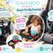 SWANOO baby travel essentials featuring a stroller organizer, universal snack tray with cup holder, and cushioned car seat footrest. Real-life family outings highlight convenient storage, easy snack access, and comfortable travel for toddlers.