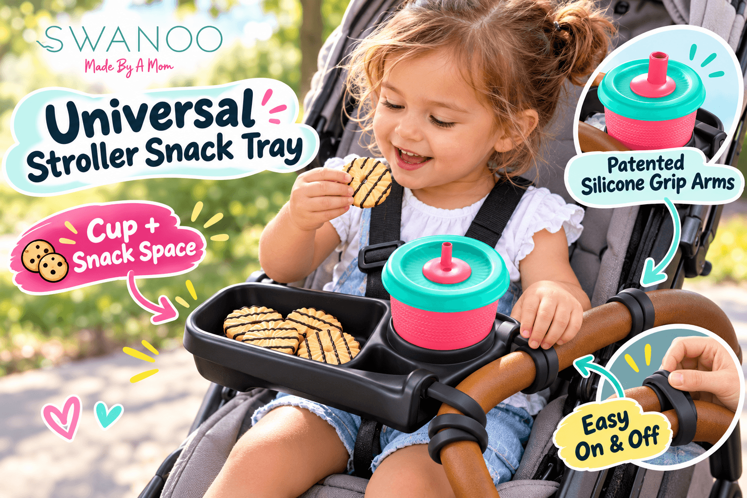 SWANOO universal stroller snack tray with a black food compartment, turquoise and pink cup holder, and flexible silicone grip arms. A smiling toddler enjoys cookies during a sunny park outing, highlighting convenient snacks and easy stroller attachment.