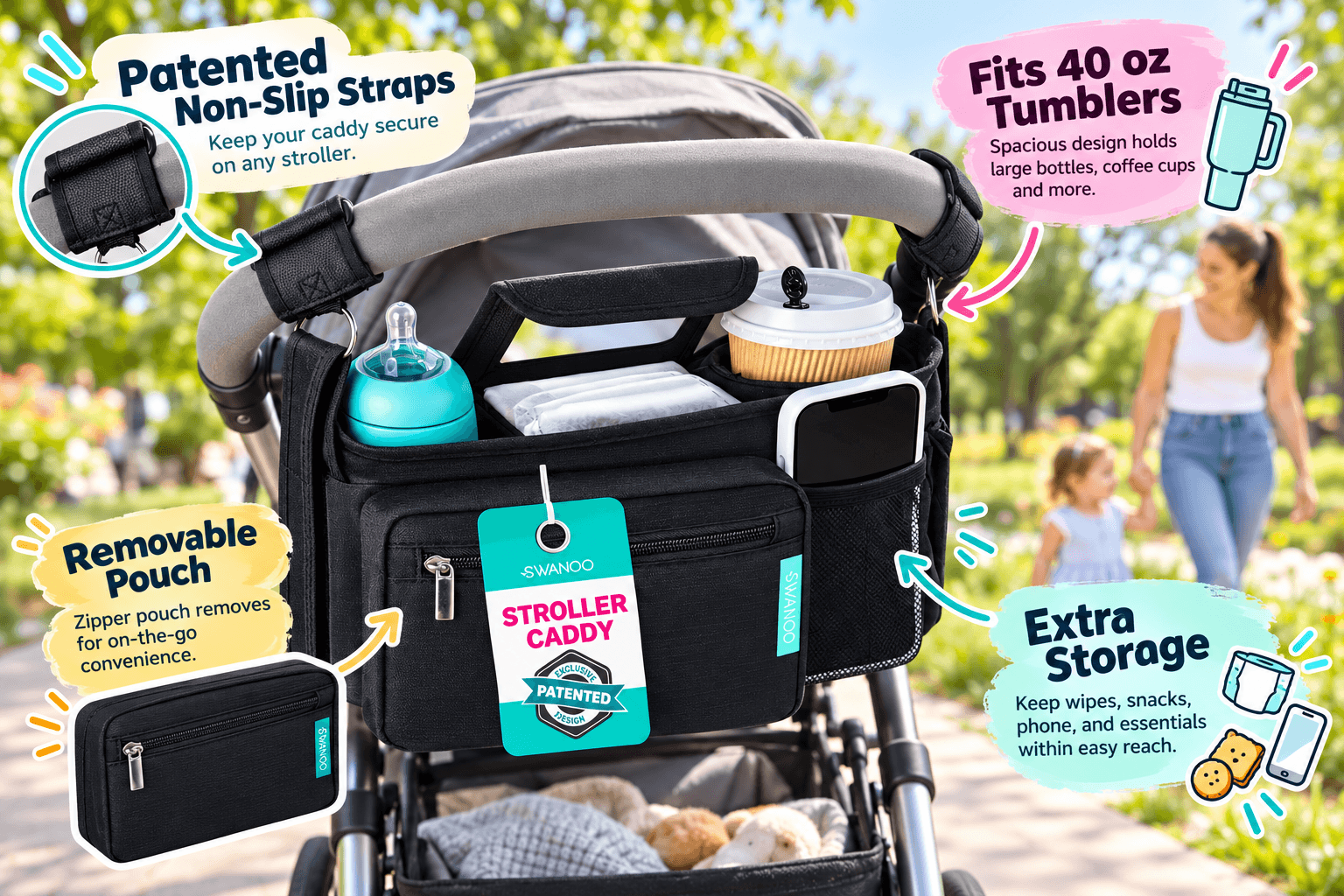 SWANOO black stroller caddy organizer attached to a stroller handlebar, featuring non-slip straps, a removable zippered pouch, cup holders, and multiple storage pockets. Baby bottles, wipes, coffee, and a smartphone stay organized during family walks.