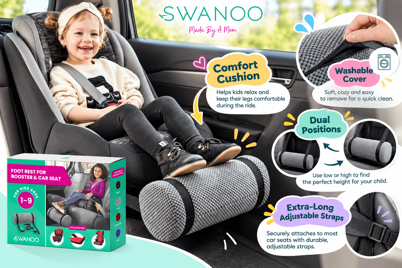 SWANOO grey car seat footrest supporting a smiling toddler's feet during a car ride. The textured comfort cushion features a washable cover, adjustable straps, and dual positioning options, offering practical leg support for young passengers.