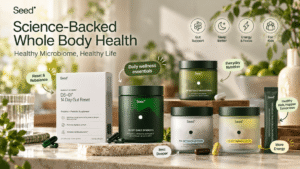 Seed wellness collection featuring Daily Synbiotic, Daily Multivitamin, Sleep + Restore, Energy + Focus, 14 Day Gut Reset, and Pediatric Daily Synbiotic on a sunlit kitchen counter, with colorful product callouts highlighting science-backed whole-body wellness.