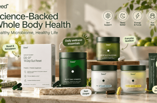 Seed wellness collection featuring Daily Synbiotic, Daily Multivitamin, Sleep + Restore, Energy + Focus, 14 Day Gut Reset, and Pediatric Daily Synbiotic on a sunlit kitchen counter, with colorful product callouts highlighting science-backed whole-body wellness.