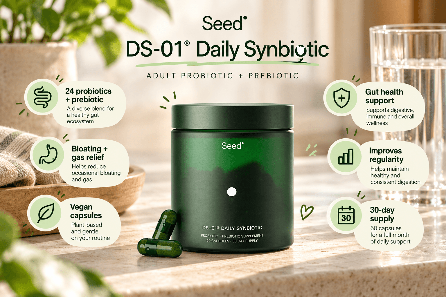 Seed DS-01 Daily Synbiotic probiotic and prebiotic supplement in a dark green jar with green capsules on a sunlit countertop. Illustrated callouts highlight gut health, digestive regularity, bloating support, vegan capsules, and a 30-day supply.