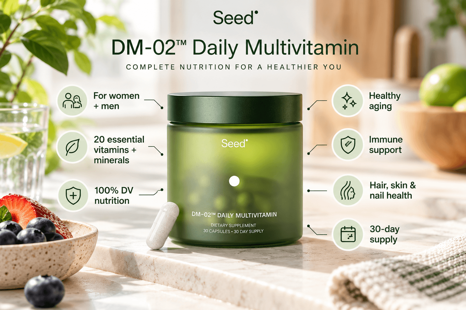 Seed DM-02 Daily Multivitamin in a translucent green jar beside fresh berries and a glass of water. Informative illustrations highlight 20 essential vitamins and minerals, immune support, healthy aging, hair, skin and nail health, and a 30-day supply.