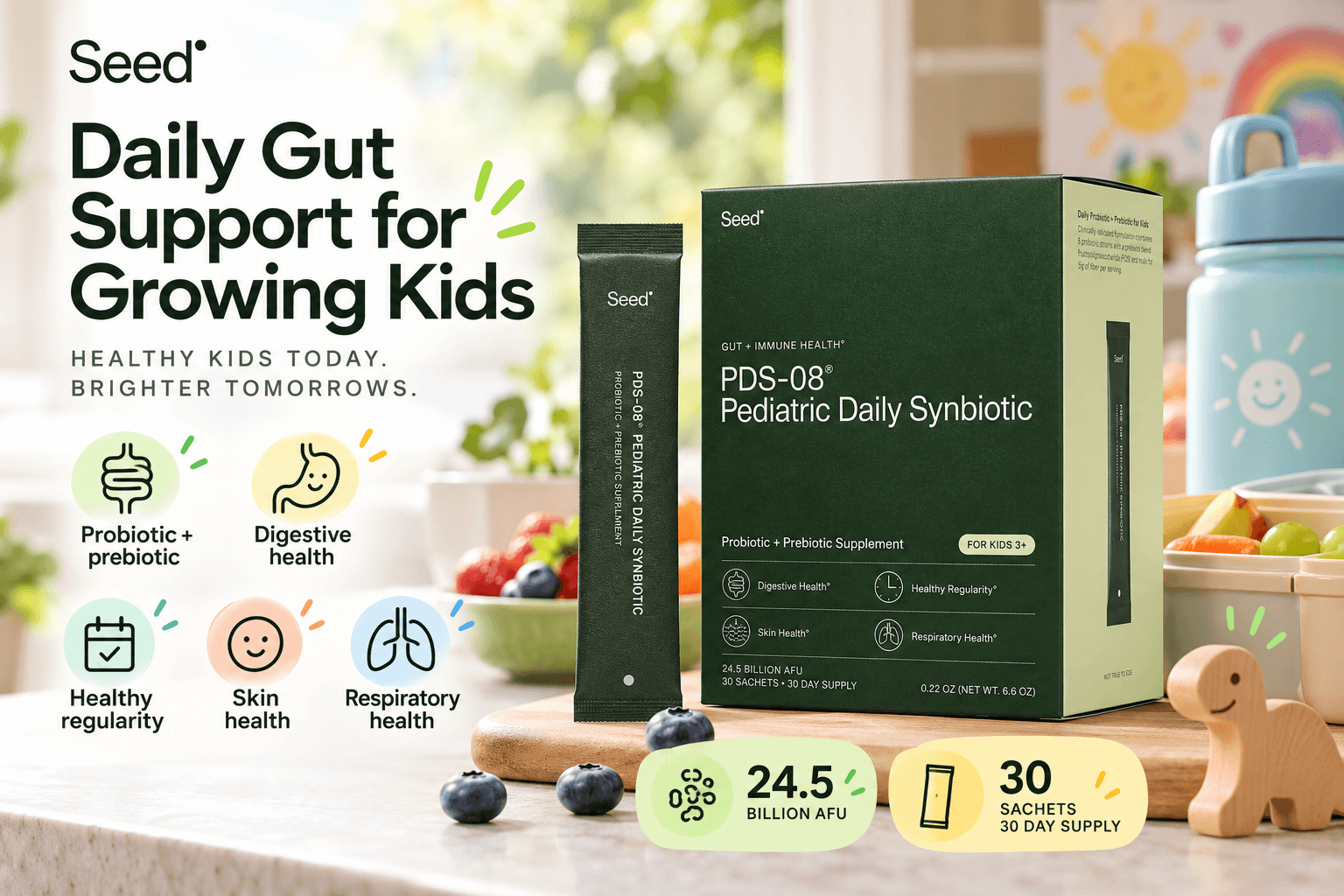 Seed PDS-08 Pediatric Daily Synbiotic for kids ages 3+ displayed in dark green packaging with a single-serve sachet on a family kitchen counter. Playful illustrated callouts highlight digestive health, regularity, skin and respiratory support, and 30 sachets.