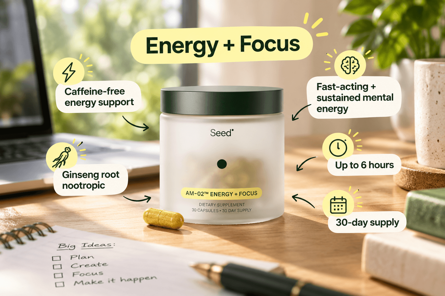 Seed AM-02 Energy + Focus supplement in a frosted white jar with a yellow label and capsule on a sunlit work desk. Illustrated callouts highlight caffeine-free energy support, ginseng root, sustained mental energy for up to six hours, and a 30-day supply.