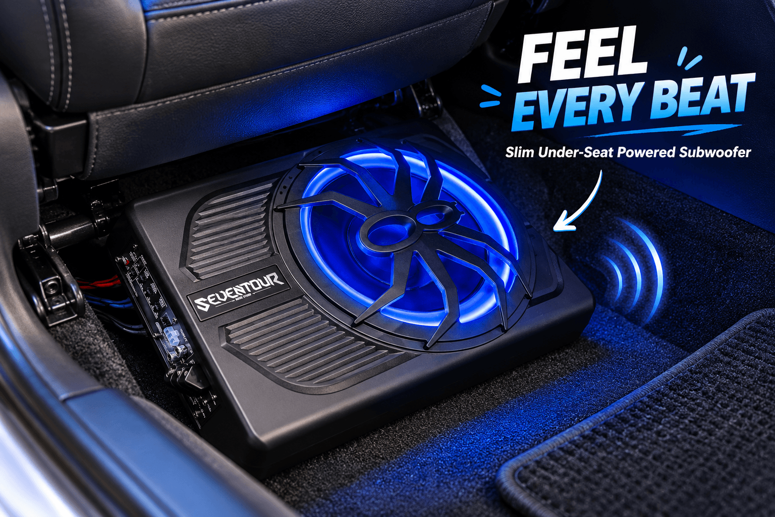 Seventour slim powered car subwoofer with a glowing blue LED speaker grille installed beneath a vehicle seat, featuring realistic interior details, soundwave graphics, and the slogan βFeel Every Beat.β