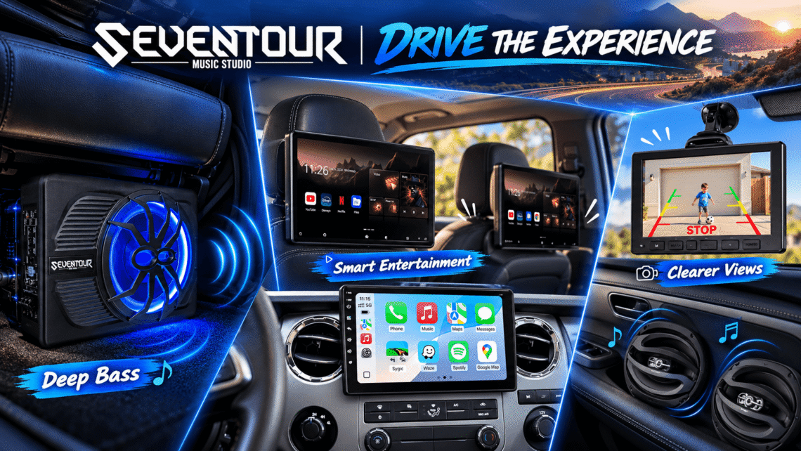 Seventour car audio and entertainment collection featuring a blue LED subwoofer, headrest TVs, smart car stereo, backup camera, and speakers in cinematic vehicle settings, with “Drive the Experience” promotional graphics.