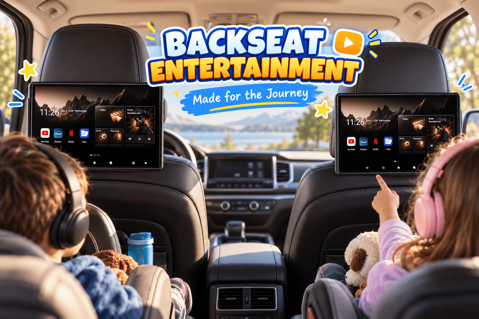 Two Seventour Android car headrest entertainment screens mounted behind front seats, displaying streaming apps as children enjoy a family road trip, with playful graphics and βBackseat Entertainmentβ text.