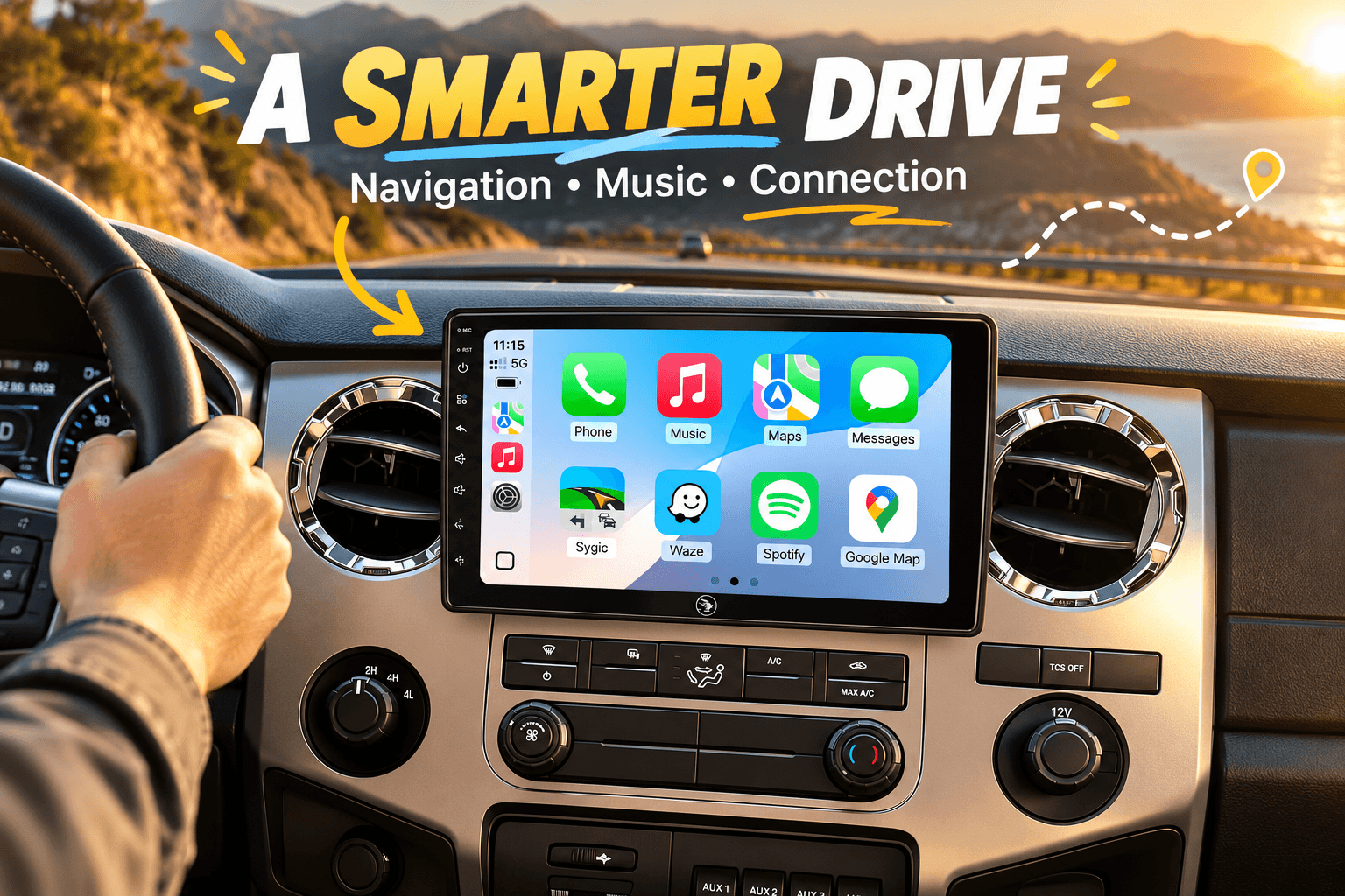 Seventour touchscreen car stereo installed in a modern dashboard, displaying navigation, music, phone, and messaging apps during a scenic sunset drive, with colorful βA Smarter Driveβ promotional graphics.
