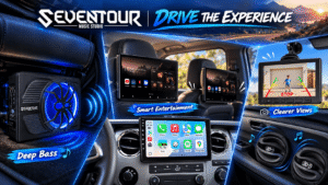 Seventour car audio and entertainment collection featuring a blue LED subwoofer, headrest TVs, smart car stereo, backup camera, and speakers in cinematic vehicle settings, with “Drive the Experience” promotional graphics.