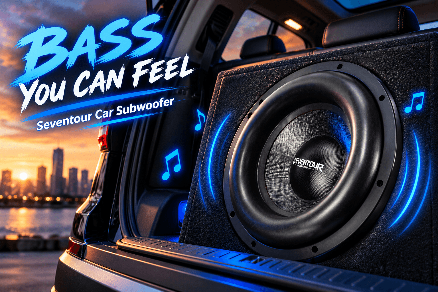 Seventour black car subwoofer displayed inside an open SUV trunk at sunset, featuring its large speaker cone, branded center cap, glowing blue soundwave effects, and βBass You Can Feelβ promotional lettering.