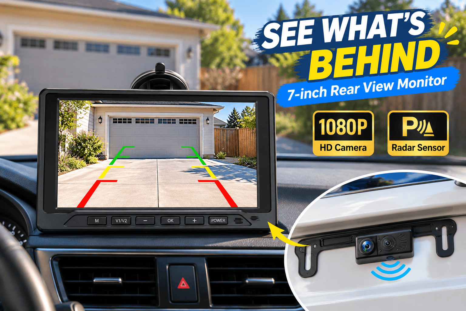 Seventour 7-inch rear-view monitor displaying a driveway with colorful parking guidelines, alongside a close-up of the backup camera, 1080P HD and radar sensor icons, and βSee Whatβs Behindβ text.