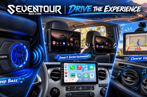 Seventour car audio and entertainment collection featuring a blue LED subwoofer, headrest TVs, smart car stereo, backup camera, and speakers in cinematic vehicle settings, with โDrive the Experienceโ promotional graphics.