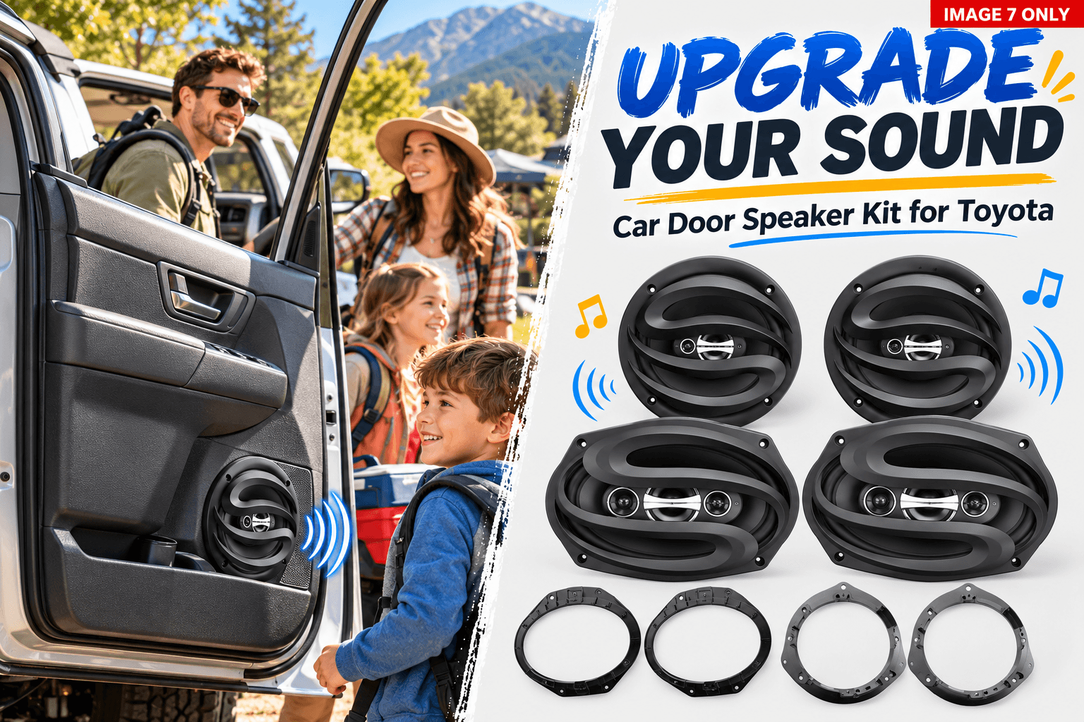 Seventour car door speaker kit for Toyota featuring four black speakers and mounting rings beside an SUV with an installed door speaker, a smiling family, music graphics, and βUpgrade Your Soundβ text.