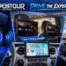 Seventour car audio and entertainment collection featuring a blue LED subwoofer, headrest TVs, smart car stereo, backup camera, and speakers in cinematic vehicle settings, with “Drive the Experience” promotional graphics.