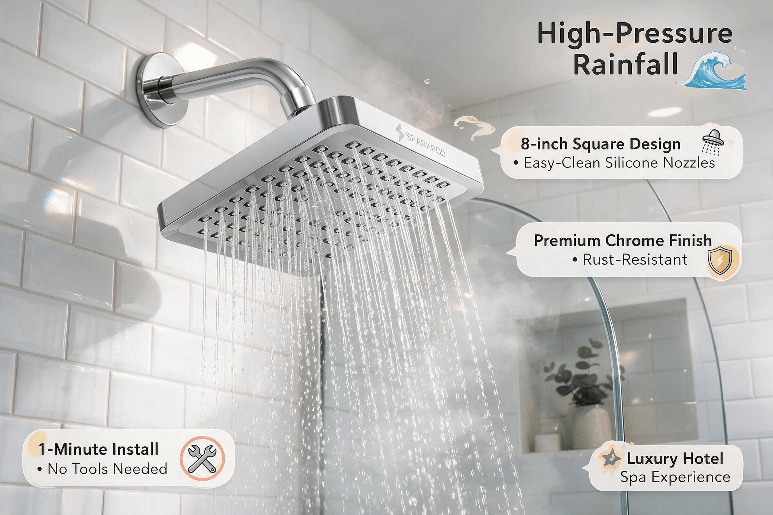 SparkPod 8-inch polished chrome square rain shower head with "SPARKPOD" engraving, mounted on a white subway tile wall in a warm modern bathroom, spraying clear high-pressure rainfall streams. Eucalyptus plant and glass shower enclosure in background. Cartoon callouts highlight easy-clean silicone nozzles, rust-resistant chrome finish, 1-minute tool-free installation, and luxury hotel spa experience.

