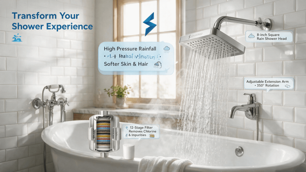 SparkPod blog banner showing a bright modern Scandinavian bathroom with a polished chrome 8-inch square rain shower head spraying rainfall, connected by an adjustable chrome extension arm; a cutaway multi-stage shower filter with colorful layers sits beside a white spare cartridge. SparkPod blue lightning logo on white subway tile walls, with cartoon annotation bubbles highlighting high-pressure rainfall, 12-stage filtration, and 350° adjustable arm.