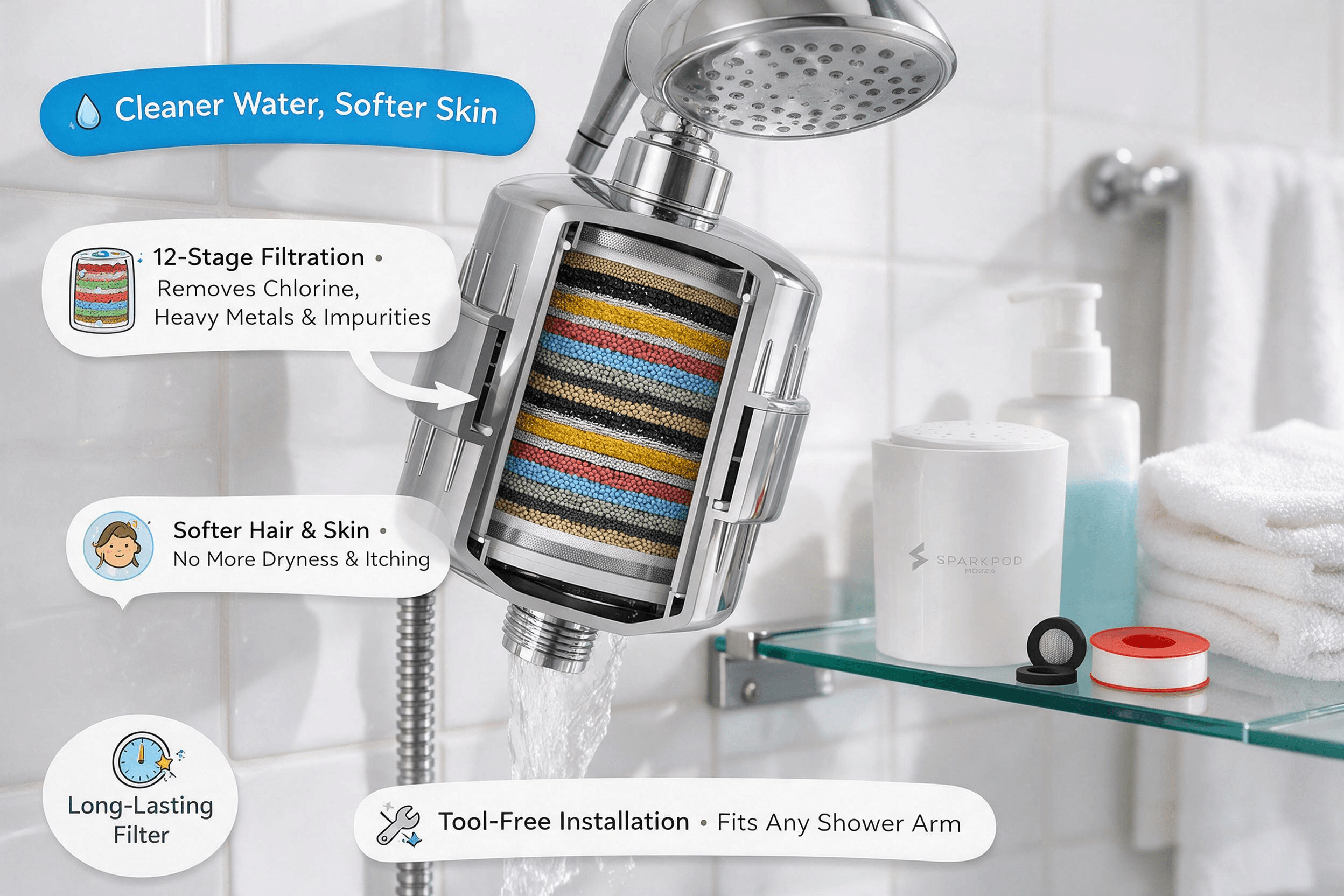 SparkPod chrome multi-stage shower filter with cutaway view revealing colorful layered filter media in yellow, black, red, blue, green and white, mounted between shower arm and head on a white tile wall. A white spare filter cartridge, plumber's tape roll, and rubber washer rest on a glass shelf nearby. Cartoon annotations promote 12-stage filtration removing chlorine and heavy metals, softer hair and skin, and tool-free universal installation.

