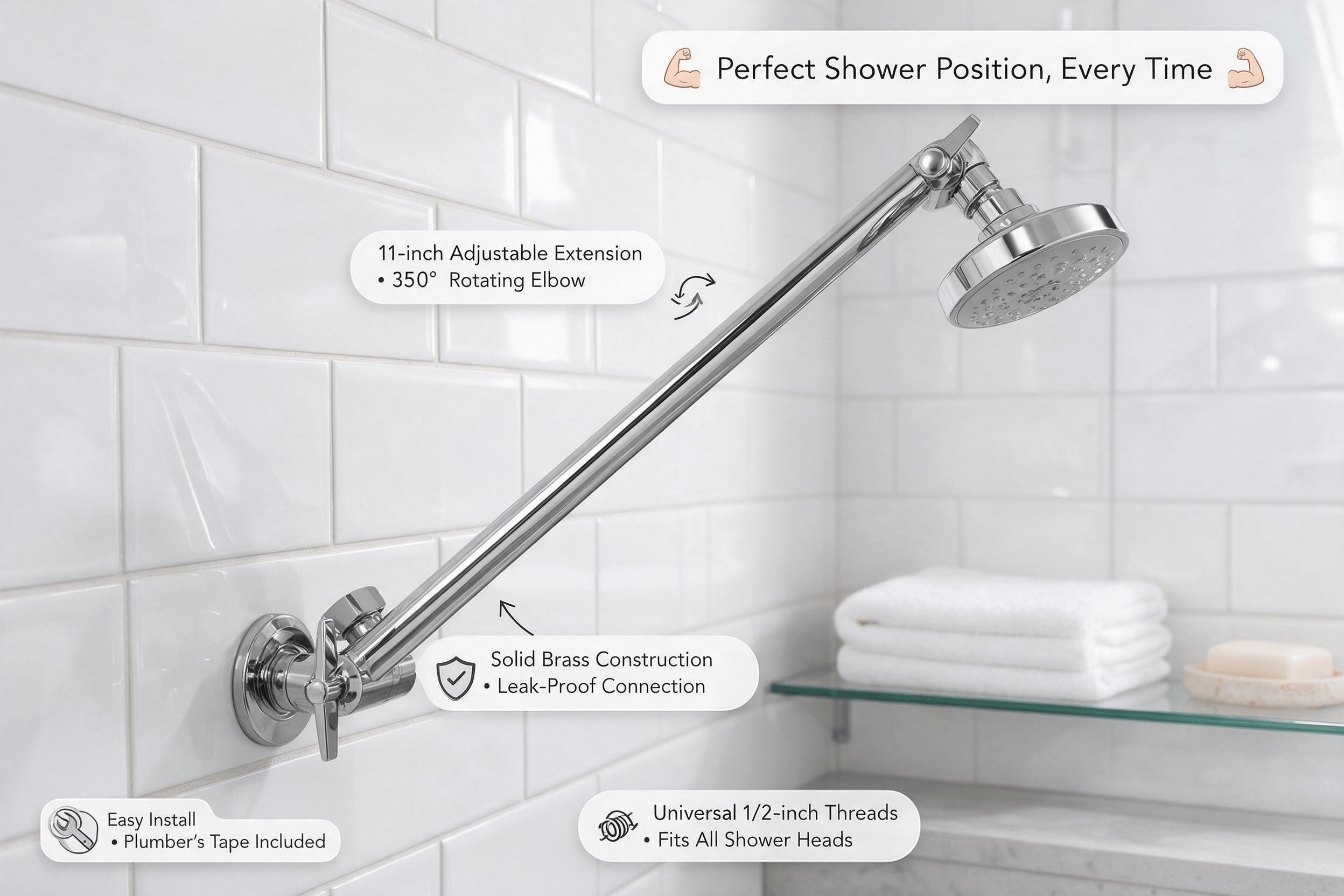 SparkPod 11-inch polished chrome adjustable shower arm extension with decorative wing-nut wall flanges at both ends and a 350° swivel elbow, extending outward from a white subway tile wall in a bright modern bathroom. Folded white towels sit on a glass shelf in background. Cartoon callouts highlight adjustable angle and height, solid brass leak-proof construction, universal 1/2-inch threads, and easy installation with included plumber's tape.

