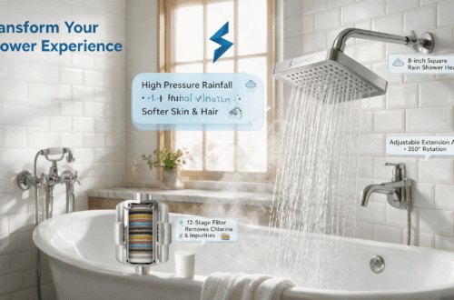 SparkPod blog banner showing a bright modern Scandinavian bathroom with a polished chrome 8-inch square rain shower head spraying rainfall, connected by an adjustable chrome extension arm; a cutaway multi-stage shower filter with colorful layers sits beside a white spare cartridge. SparkPod blue lightning logo on white subway tile walls, with cartoon annotation bubbles highlighting high-pressure rainfall, 12-stage filtration, and 350° adjustable arm.