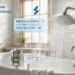 SparkPod blog banner showing a bright modern Scandinavian bathroom with a polished chrome 8-inch square rain shower head spraying rainfall, connected by an adjustable chrome extension arm; a cutaway multi-stage shower filter with colorful layers sits beside a white spare cartridge. SparkPod blue lightning logo on white subway tile walls, with cartoon annotation bubbles highlighting high-pressure rainfall, 12-stage filtration, and 350° adjustable arm.
