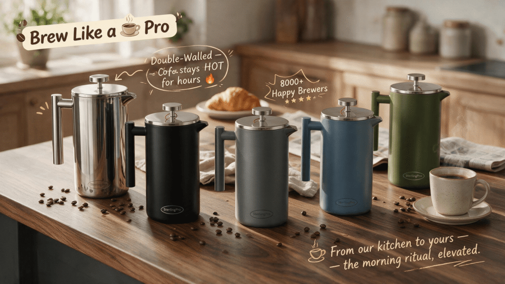 A warm, sunlit editorial shot of the full SterlingPro French press collection — polished silver, matte black, grey, dusty blue and olive green — arranged in a row on a walnut kitchen counter with steaming coffee, fresh croissant and scattered coffee beans, overlaid with playful hand-lettered English annotations: "Brew Like a Pro", "Double-Walled — Coffee stays HOT for hours", "8000+ Happy Brewers" and "From our kitchen to yours — the morning ritual, elevated".