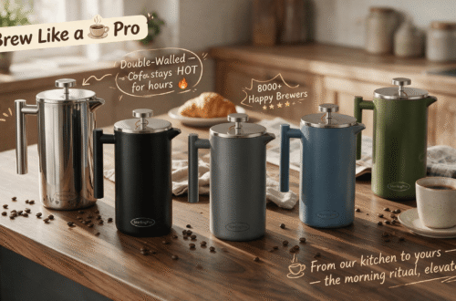 A warm, sunlit editorial shot of the full SterlingPro French press collection — polished silver, matte black, grey, dusty blue and olive green — arranged in a row on a walnut kitchen counter with steaming coffee, fresh croissant and scattered coffee beans, overlaid with playful hand-lettered English annotations: "Brew Like a Pro", "Double-Walled — Coffee stays HOT for hours", "8000+ Happy Brewers" and "From our kitchen to yours — the morning ritual, elevated".