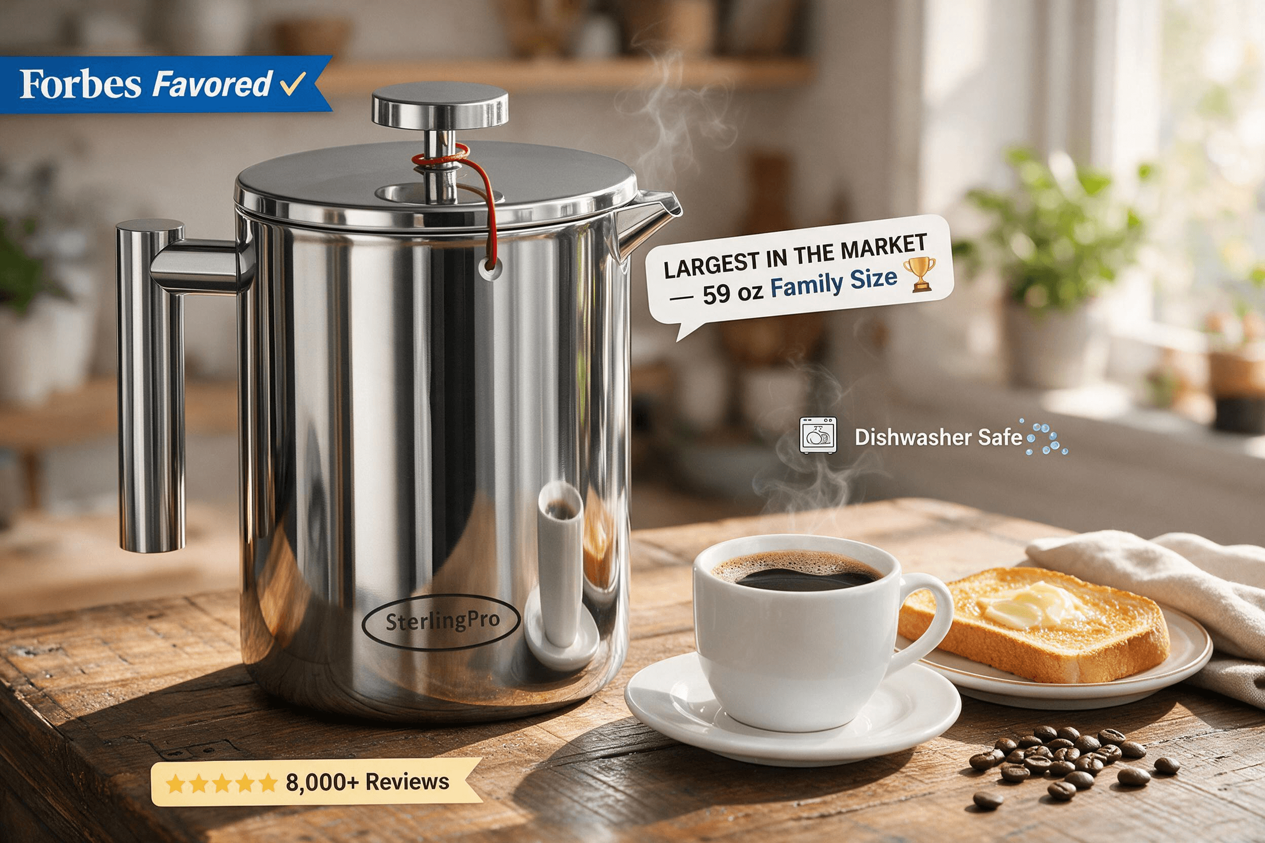 Lifestyle photograph of a mirror-polished stainless-steel SterlingPro 59 oz French press on a reclaimed wood breakfast table beside a white cup of freshly brewed coffee with crema, buttered toast and scattered beans; callout badges highlight "Forbes Favored", "Largest in the Market — 59 oz Family Size", "Dishwasher Safe" and a five-star "8,000+ Reviews" rating.