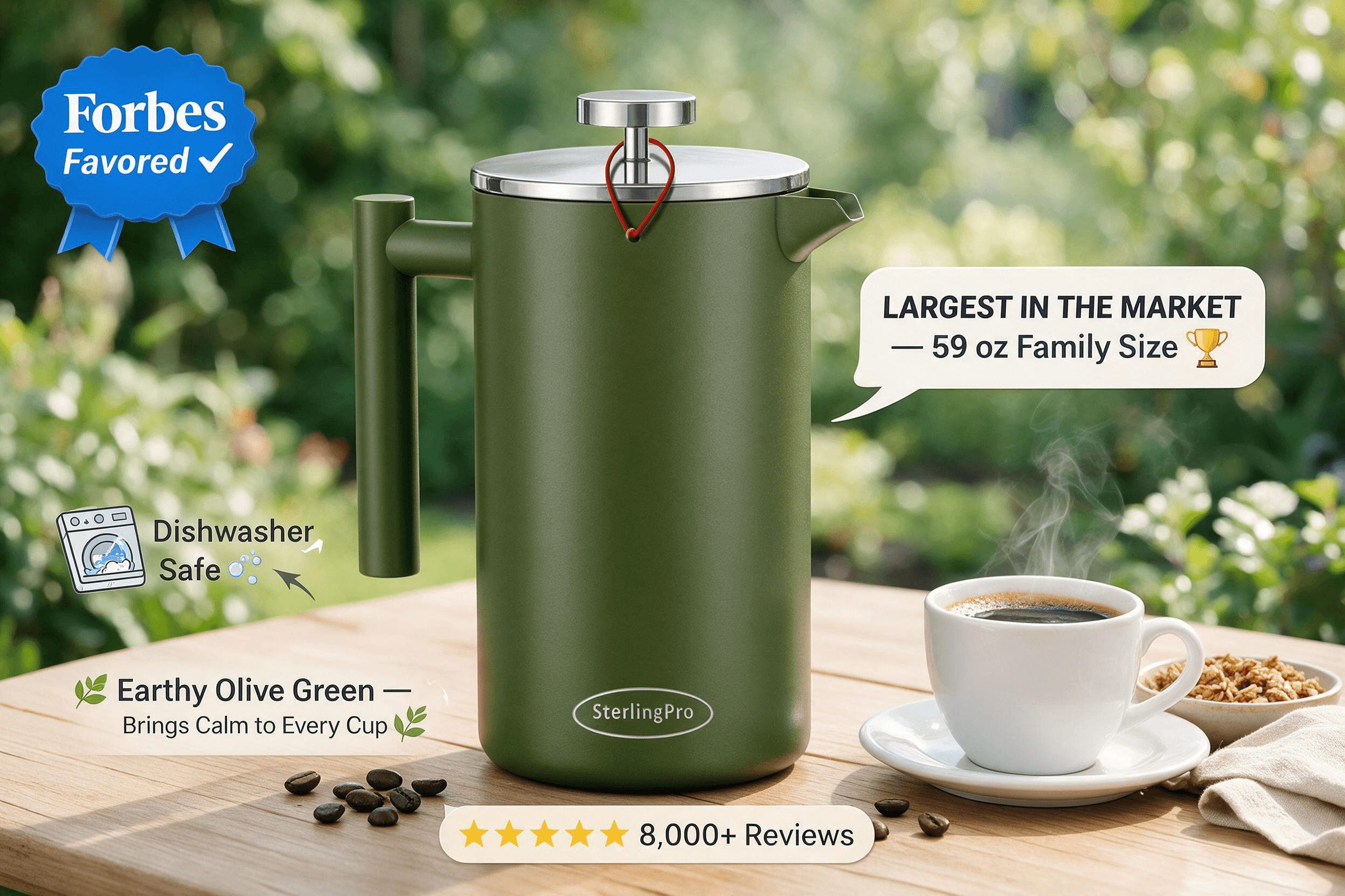 Outdoor morning shot of a matte olive-green SterlingPro 59 oz double-wall French press on a light oak garden patio table, with a cup of black coffee, a bowl of granola and soft green foliage bokeh behind; playful infographic badges call out "Forbes Favored", "Largest in the Market — 59 oz Family Size", "Dishwasher Safe", "Earthy Olive Green — Brings Calm to Every Cup" and a five-star "8,000+ Reviews" rating.