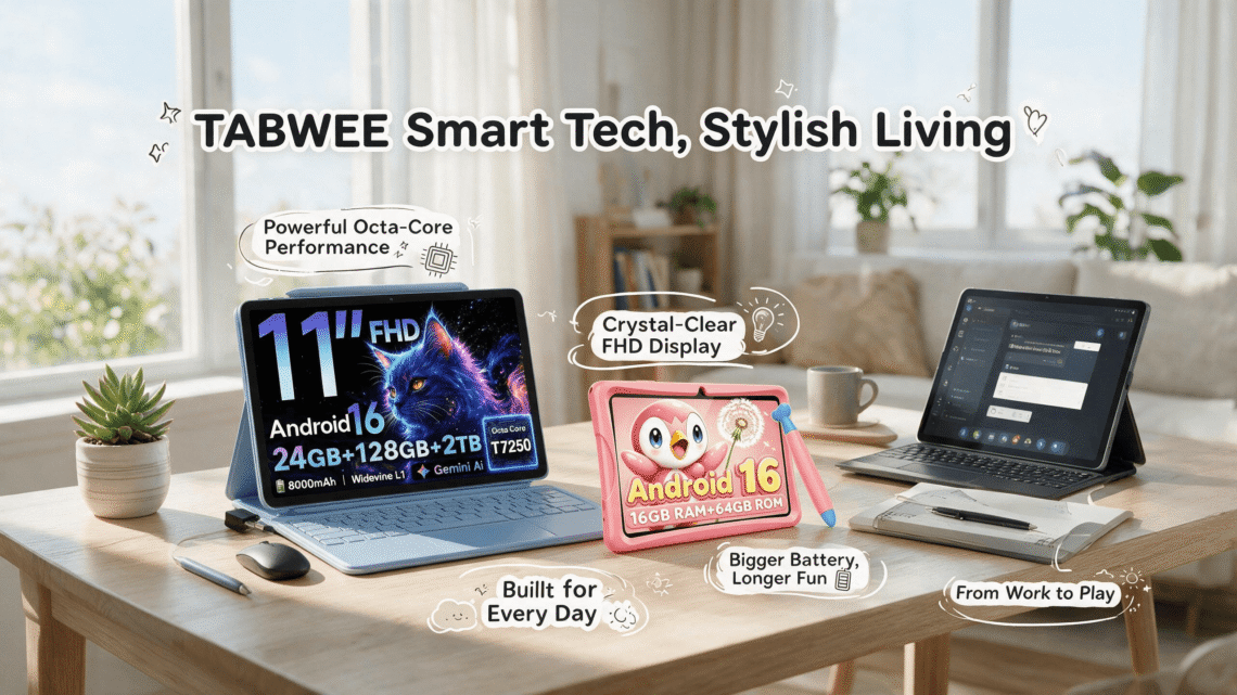TABWEE Android tablets in a bright Nordic home-office scene — an 11-inch light-blue FHD tablet with keyboard and stylus, a pink kids tablet with a shockproof bumper case, and a black productivity tablet arranged on a wooden desk by a window, overlaid with clean English badge annotations and playful doodle elements.