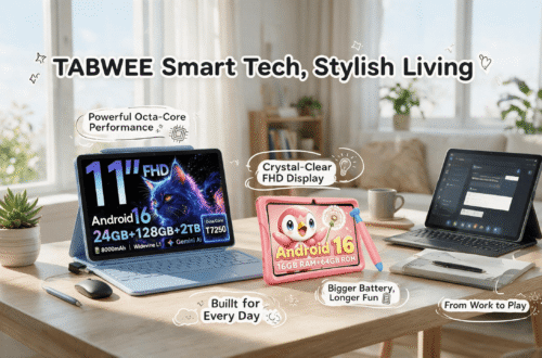 TABWEE Android tablets in a bright Nordic home-office scene — an 11-inch light-blue FHD tablet with keyboard and stylus, a pink kids tablet with a shockproof bumper case, and a black productivity tablet arranged on a wooden desk by a window, overlaid with clean English badge annotations and playful doodle elements.