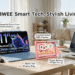 TABWEE Android tablets in a bright Nordic home-office scene — an 11-inch light-blue FHD tablet with keyboard and stylus, a pink kids tablet with a shockproof bumper case, and a black productivity tablet arranged on a wooden desk by a window, overlaid with clean English badge annotations and playful doodle elements.