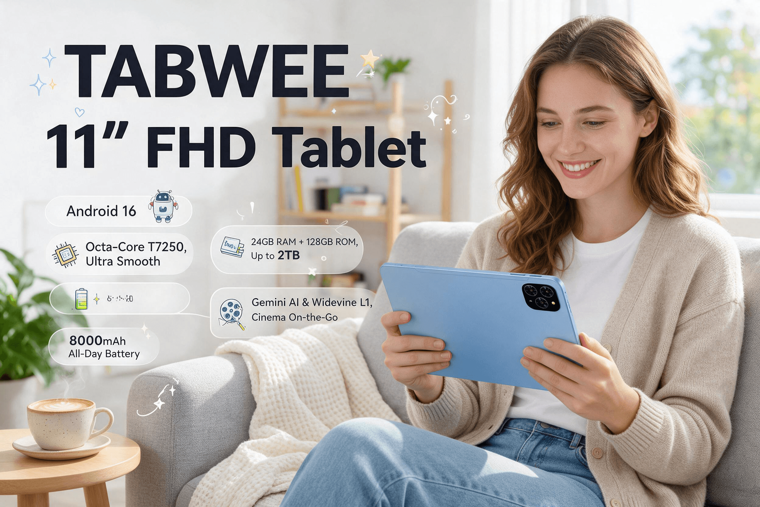 A young woman smiling while holding a light-blue 11-inch TABWEE Android 16 tablet on a light-grey sofa in a bright modern living room; the tablet screen shows the cosmic-cat FHD wallpaper, "Android 16", "24GB+128GB+2TB", "Octa Core T7250", "8000mAh" and "Gemini AI", with clean English feature badges and cartoon doodle accents.