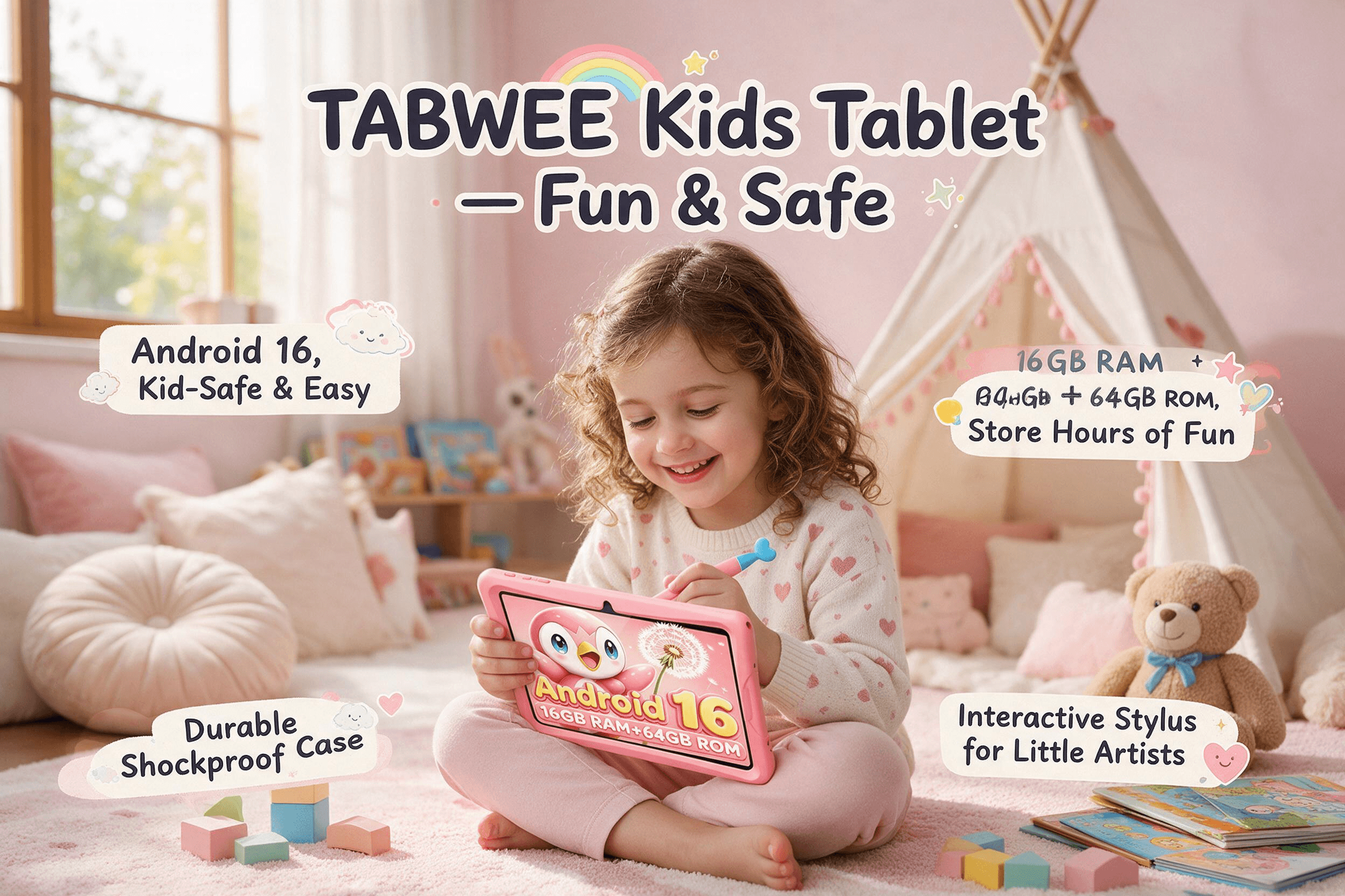 A cheerful 6-year-old girl drawing with a pink stylus on a pink TABWEE kids tablet with a shockproof bumper case, sitting on a pastel-pink play rug in a cozy kids' bedroom; the screen shows a cute pink penguin cartoon, "Android 16" and "16GB RAM+64GB ROM", with playful English annotation badges and doodle elements.