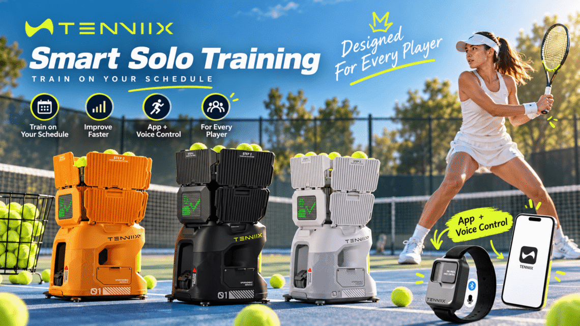 TENNIIX smart tennis ball machines in orange, black, and white on an outdoor court with a female player. Promotional graphics highlight smart solo training, flexible practice schedules, app and voice control, and wrist remote operation.