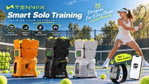 TENNIIX smart tennis ball machines in orange, black, and white on an outdoor court with a female player. Promotional graphics highlight smart solo training, flexible practice schedules, app and voice control, and wrist remote operation.