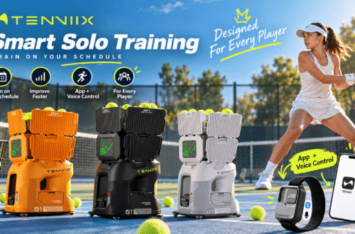 TENNIIX smart tennis ball machines in orange, black, and white on an outdoor court with a female player. Promotional graphics highlight smart solo training, flexible practice schedules, app and voice control, and wrist remote operation.