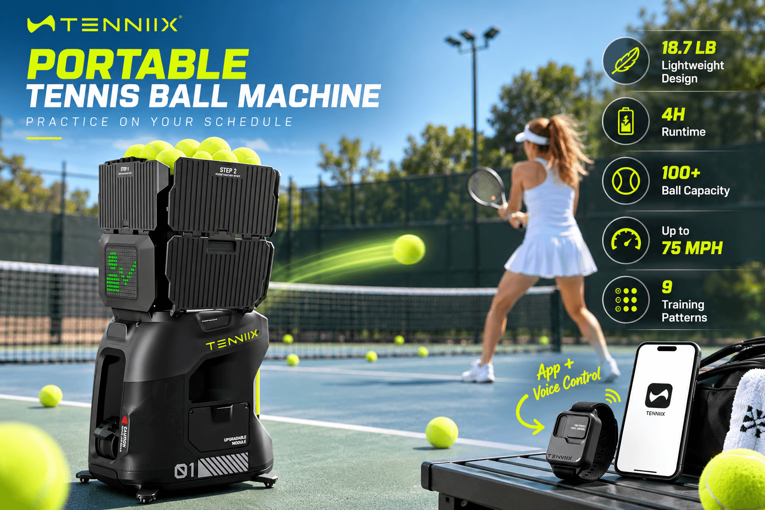 Black TENNIIX portable tennis ball machine on an outdoor court with a practicing player, smartphone app, and wrist remote. English feature callouts highlight 18.7 lb weight, 4-hour runtime, 100+ ball capacity, up to 75 mph speed, and 9 training patterns.
