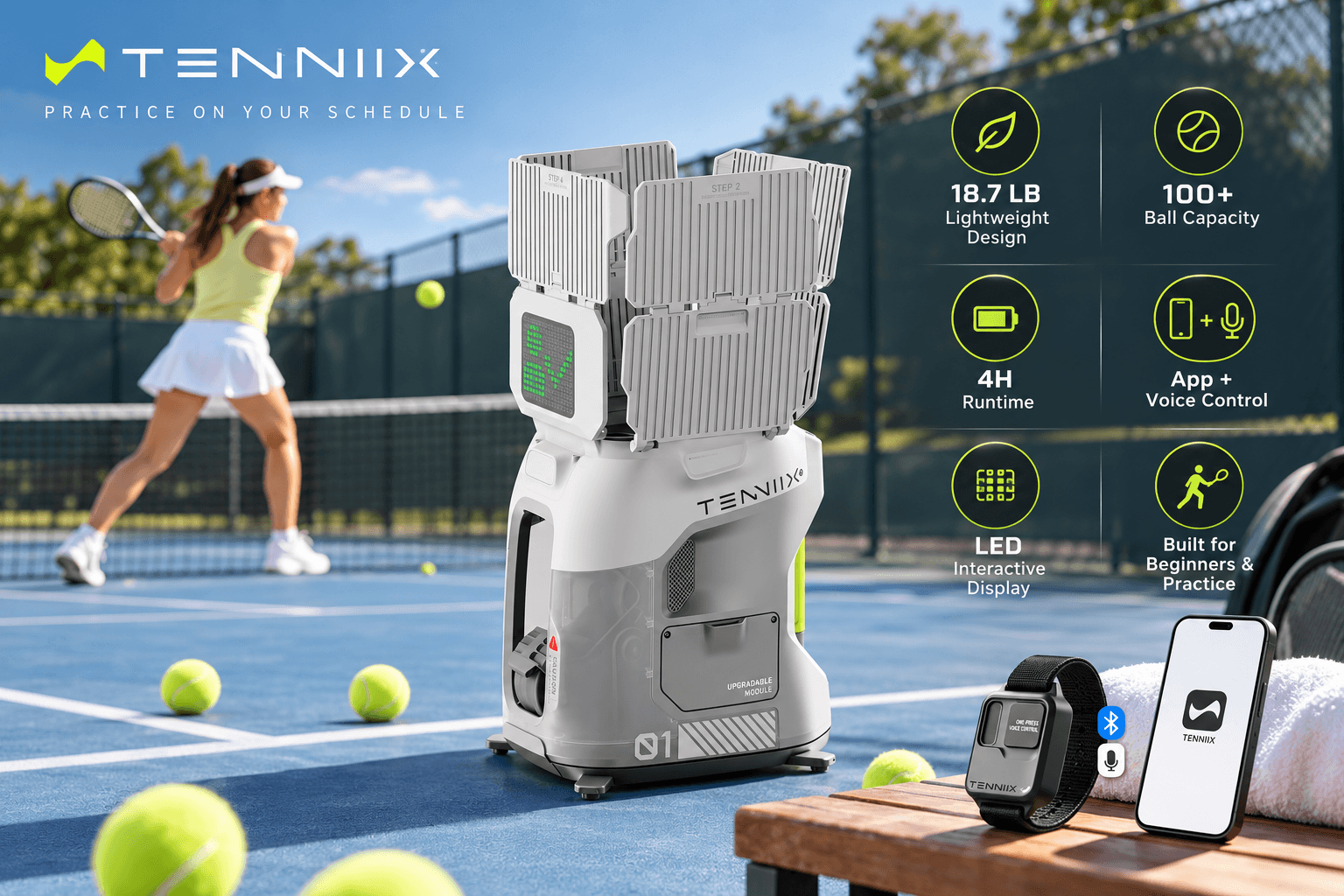 White TENNIIX smart tennis ball machine on a blue outdoor tennis court with a female player practicing in the background. Feature icons showcase its LED display, 18.7 lb design, 100+ ball capacity, 4-hour runtime, app and voice control, and wrist remote.