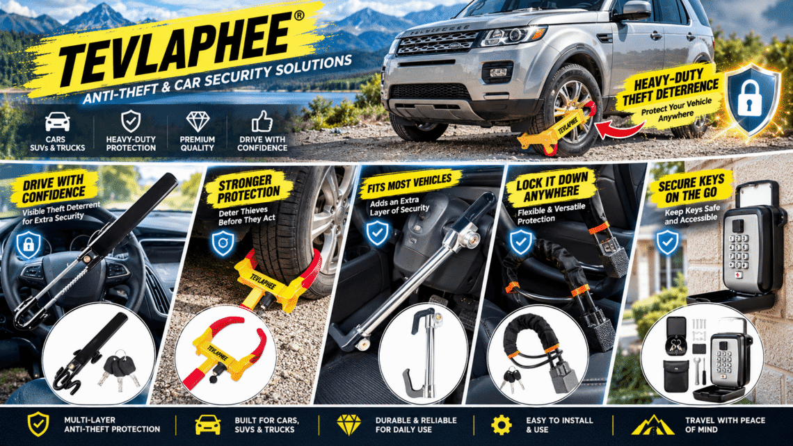 TEVLAPHEE car security collection featuring steering wheel locks, a red-and-yellow wheel clamp, a pedal lock, a seat belt lock, and a combination key safe in realistic vehicle settings, with security icons and feature callouts.