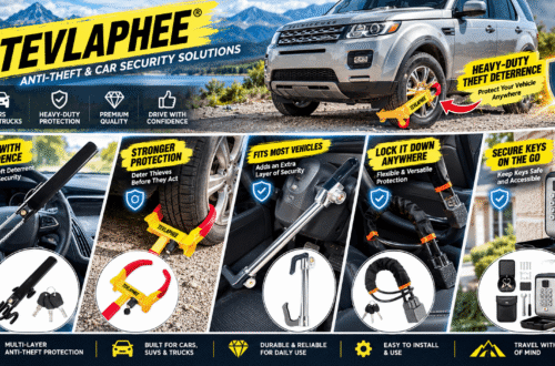 TEVLAPHEE car security collection featuring steering wheel locks, a red-and-yellow wheel clamp, a pedal lock, a seat belt lock, and a combination key safe in realistic vehicle settings, with security icons and feature callouts.